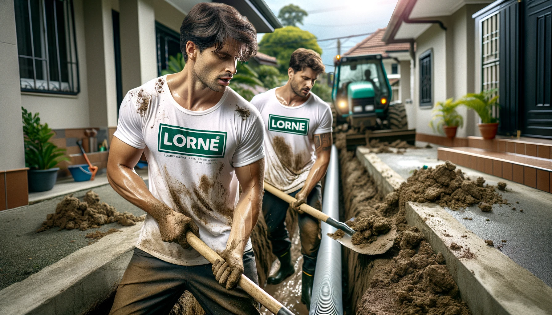 Två hårt arbetande killar som utför dränering i Göteborg